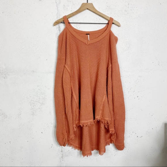 Free People Sweaters - Free People Moonshine Coral Waffle Knit Raw Hem Tunic Cold Shoulder Sweater